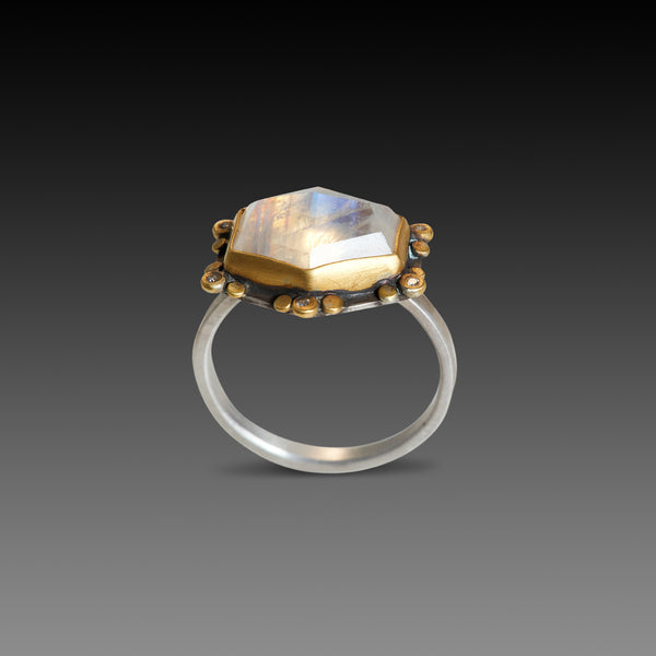 Geometric Moonstone Ring with Diamond Trios