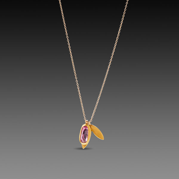 Pink Sapphire and 22k Leaf Charm Necklace