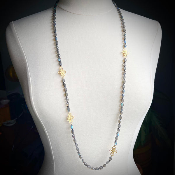 Long Labradorite and Gold Filigree Necklace