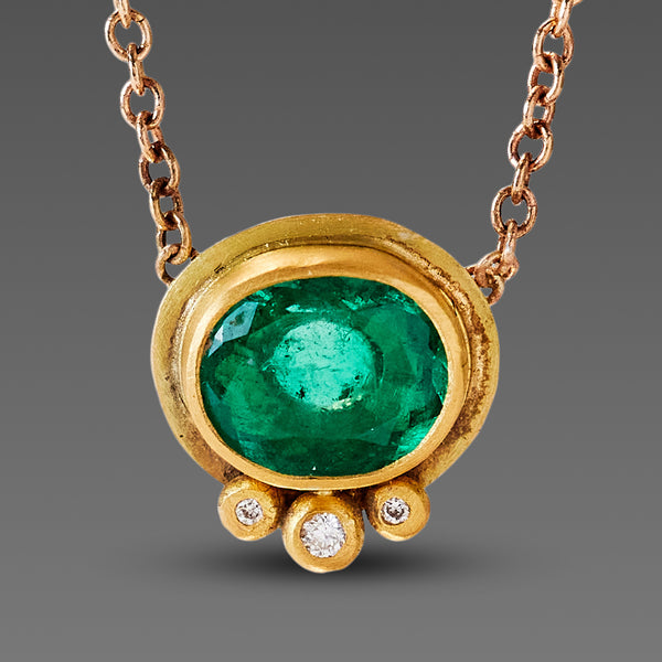 Oval Emerald Necklace with Diamond Trio