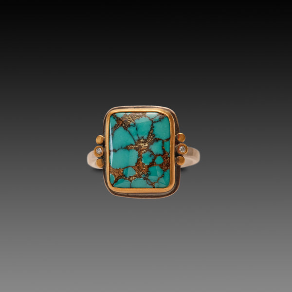 Turquoise Ring with Diamond Trios