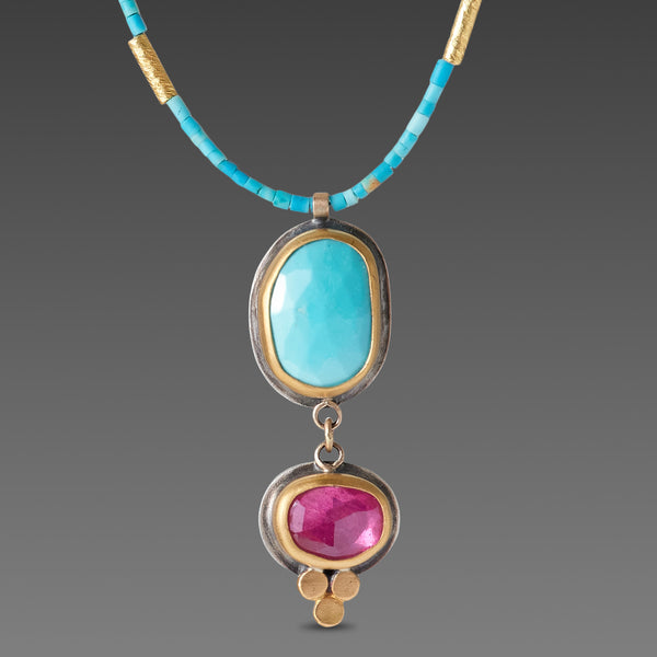 Turquoise and Ruby Double Pendant Necklace