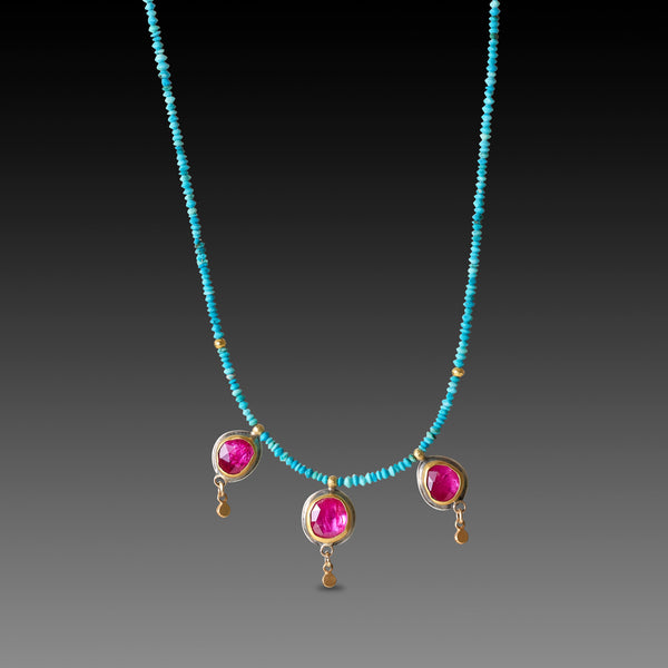 Turquoise Beaded Necklace with Rubies