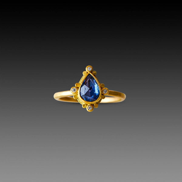 Blue Sapphire Teardrop Ring with Diamond Trios