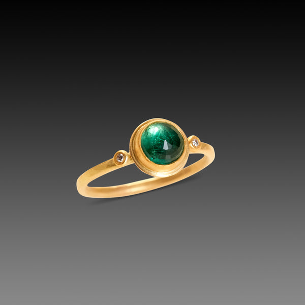 Round Emerald Ring with Two Diamond Dots