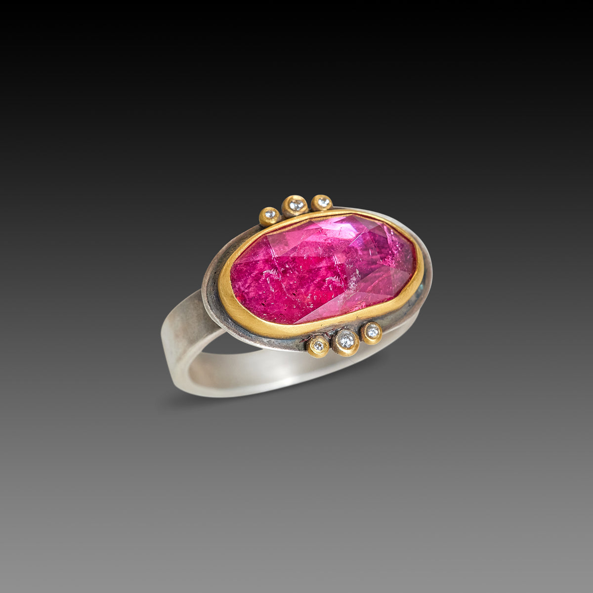 Pink Tourmaline Ring with Diamond Trios