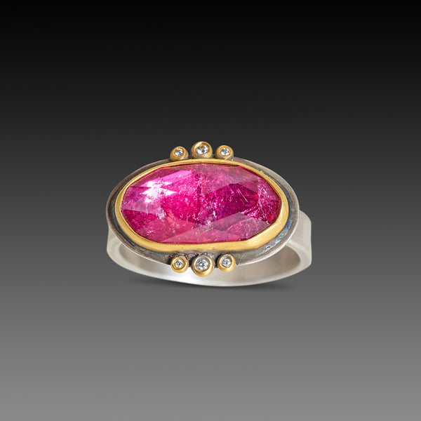 Pink Tourmaline Ring with Diamond Trios