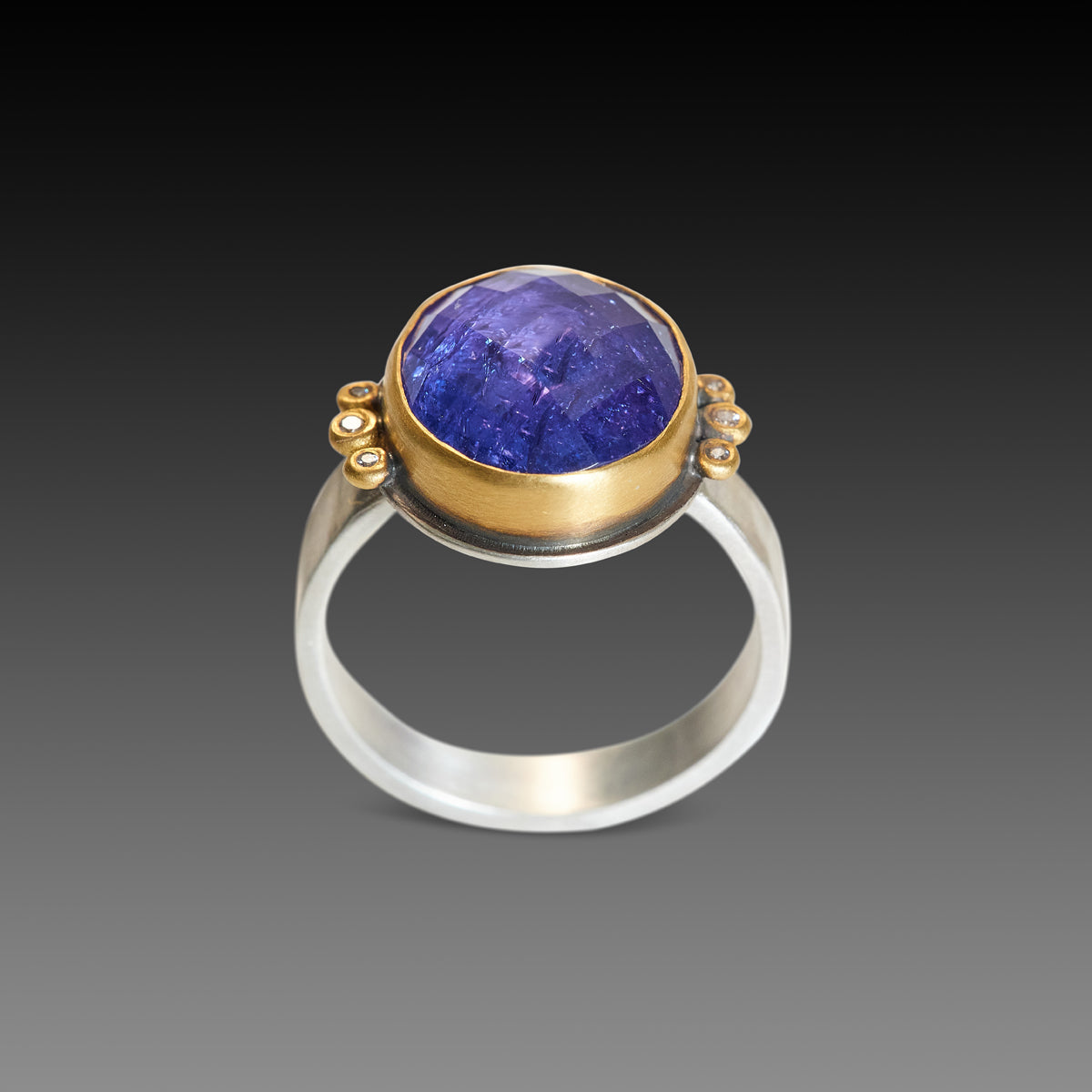 Rose Cut Tanzanite Ring with Diamond Trios