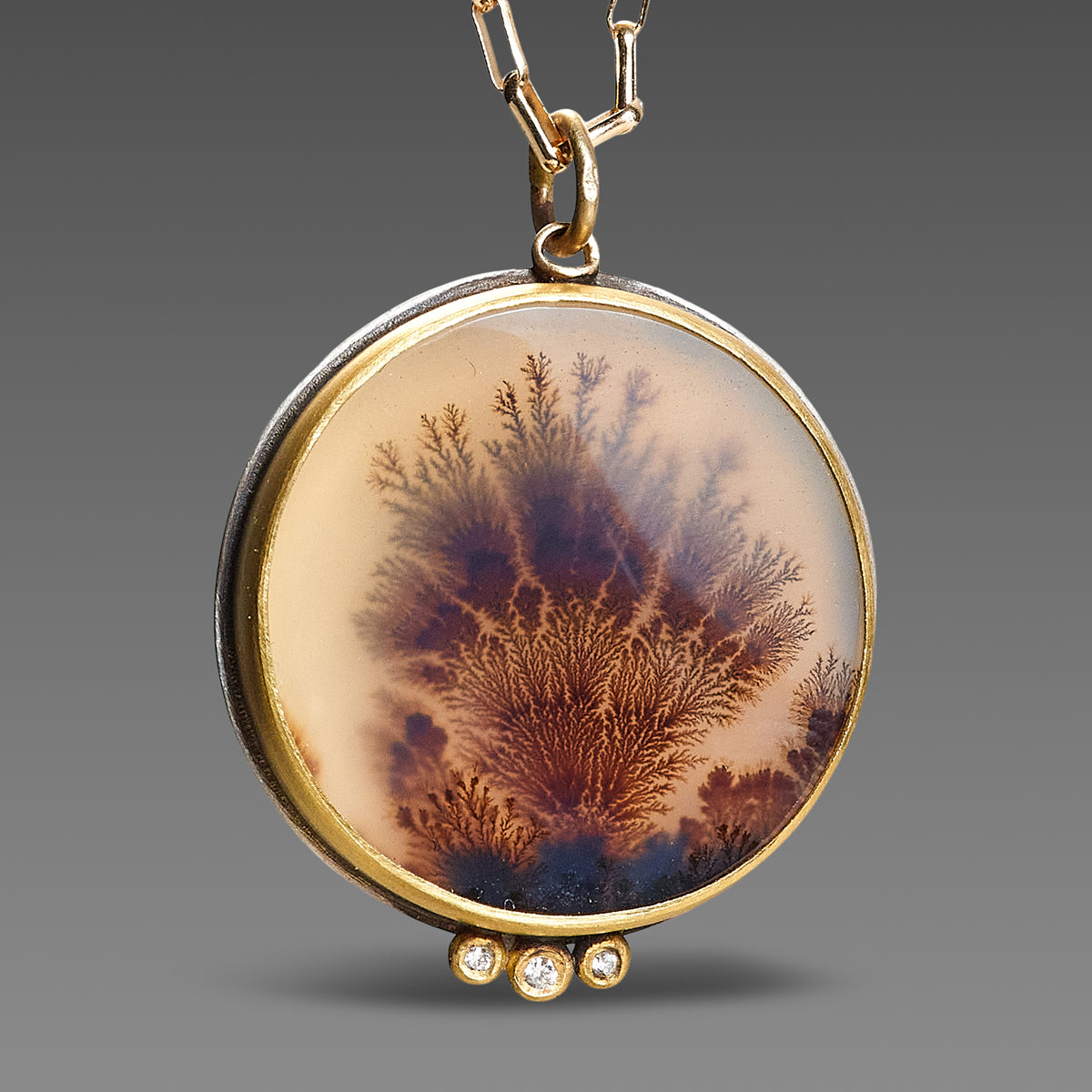 Round Dendritic Agate Necklace with Paperclip Chain