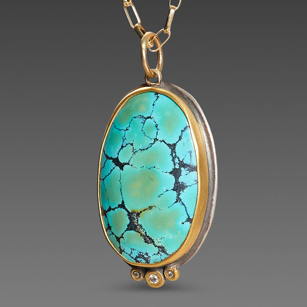 Oval Turquoise Necklace with Diamond Trio