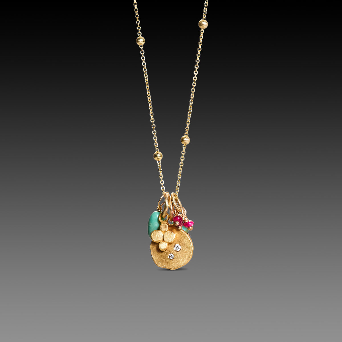 Turquoise, Ruby &amp; Gold Cluster Necklace