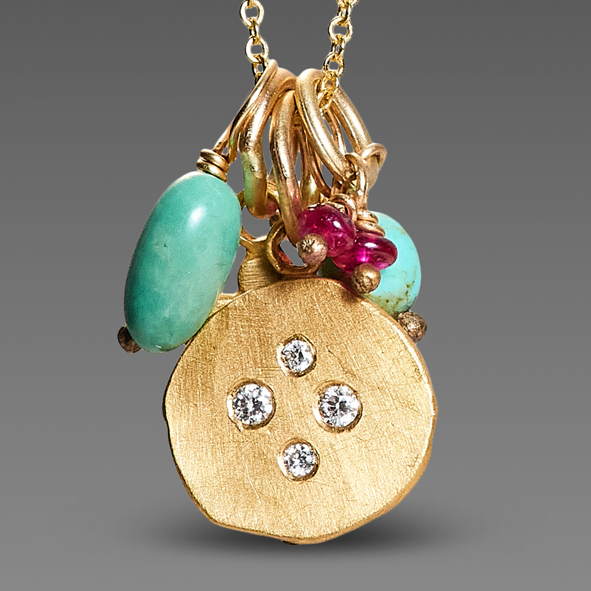 Turquoise, Ruby &amp; Gold Cluster Necklace