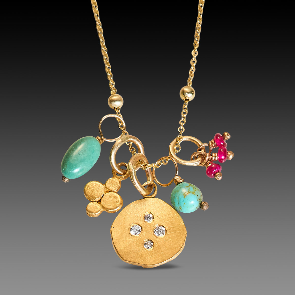 Turquoise, Ruby &amp; Gold Cluster Necklace