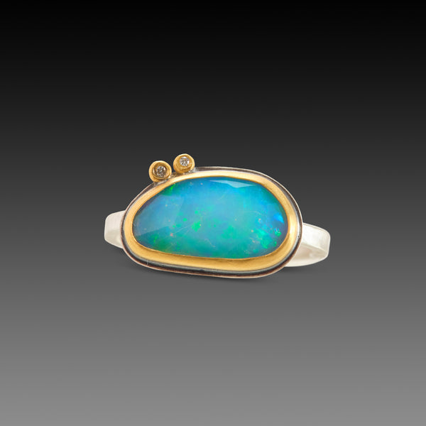 Rose Cut Ethiopian Opal Ring With Two Diamonds