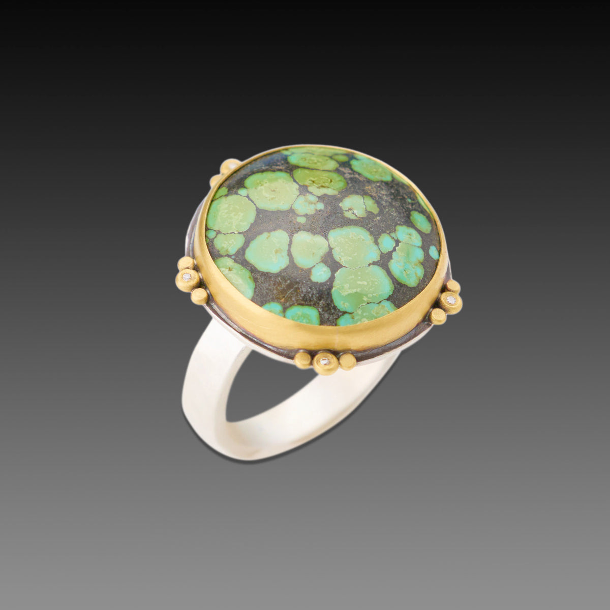 Round Turquoise Ring with Diamond Trios