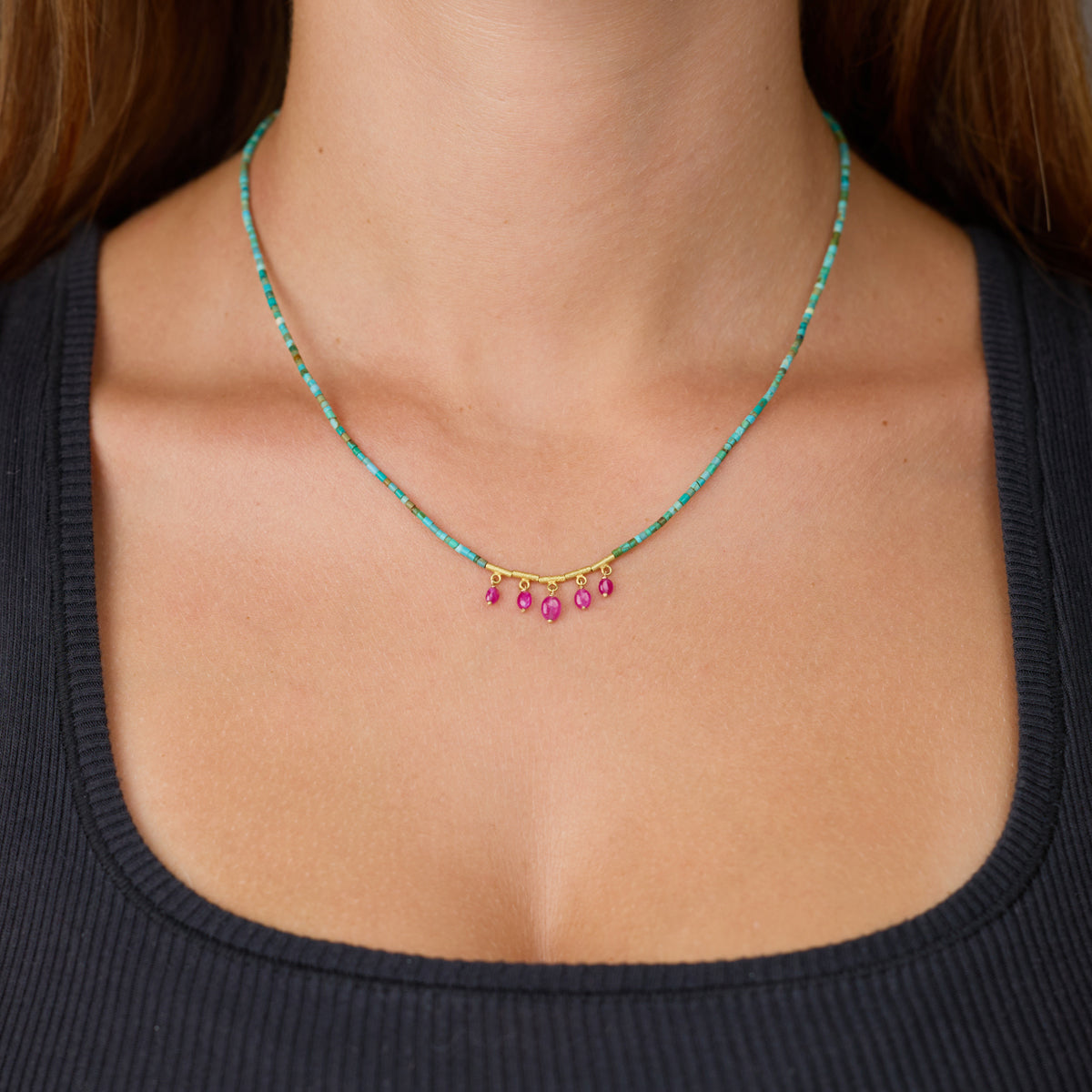 Turquoise Necklace with Five Ruby Drops