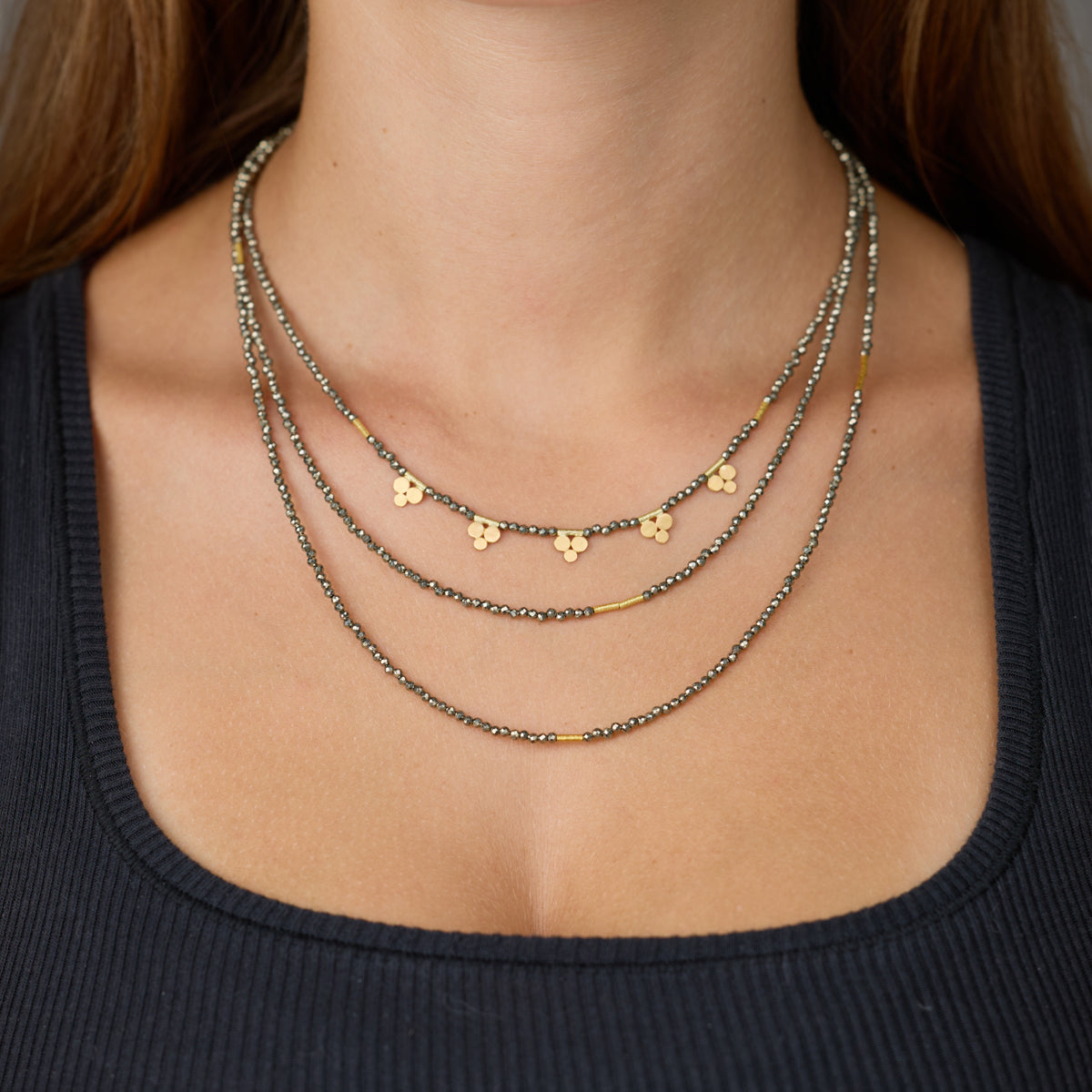 Pyrite Necklace with Gold Trios