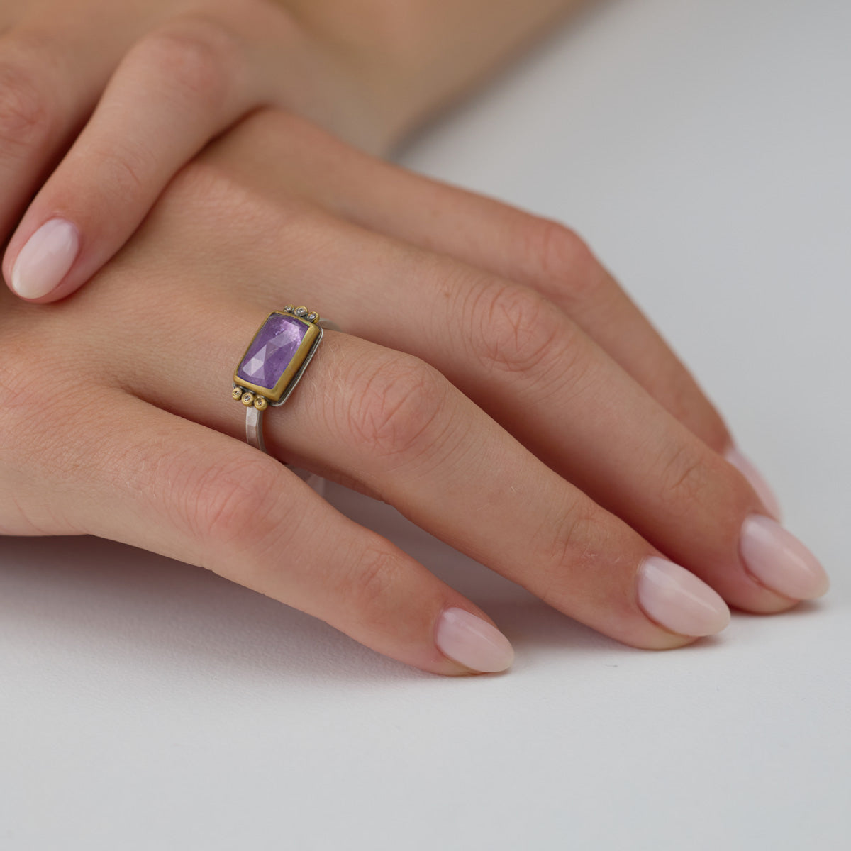 Rectangular Tanzanite Ring with Diamond Trios