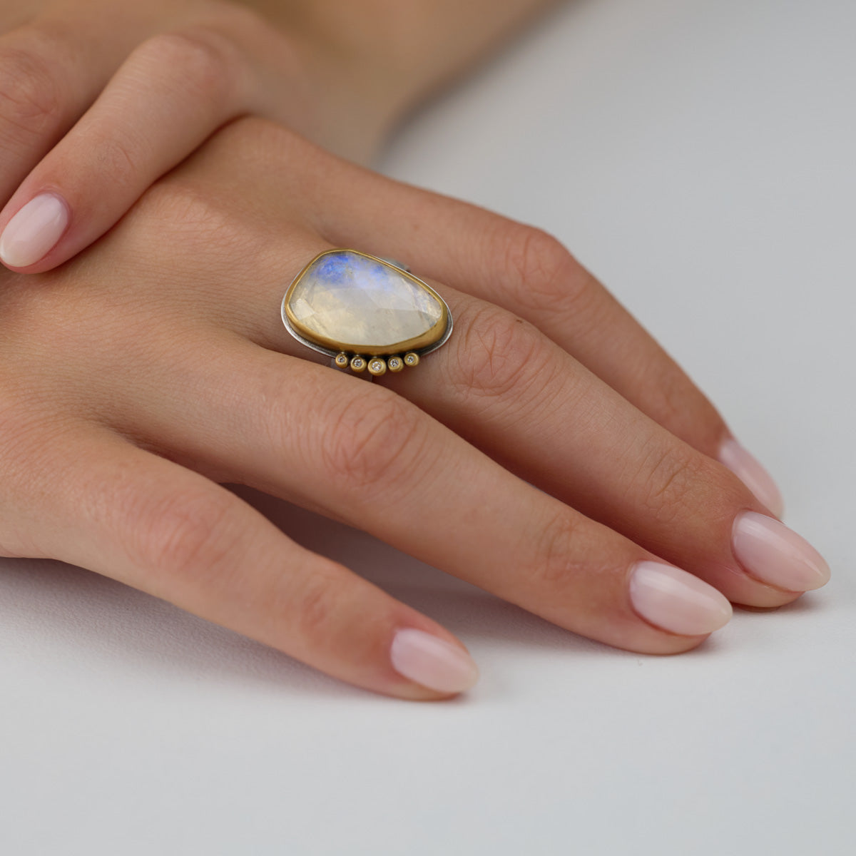 Organic Moonstone Ring with Diamond Arc