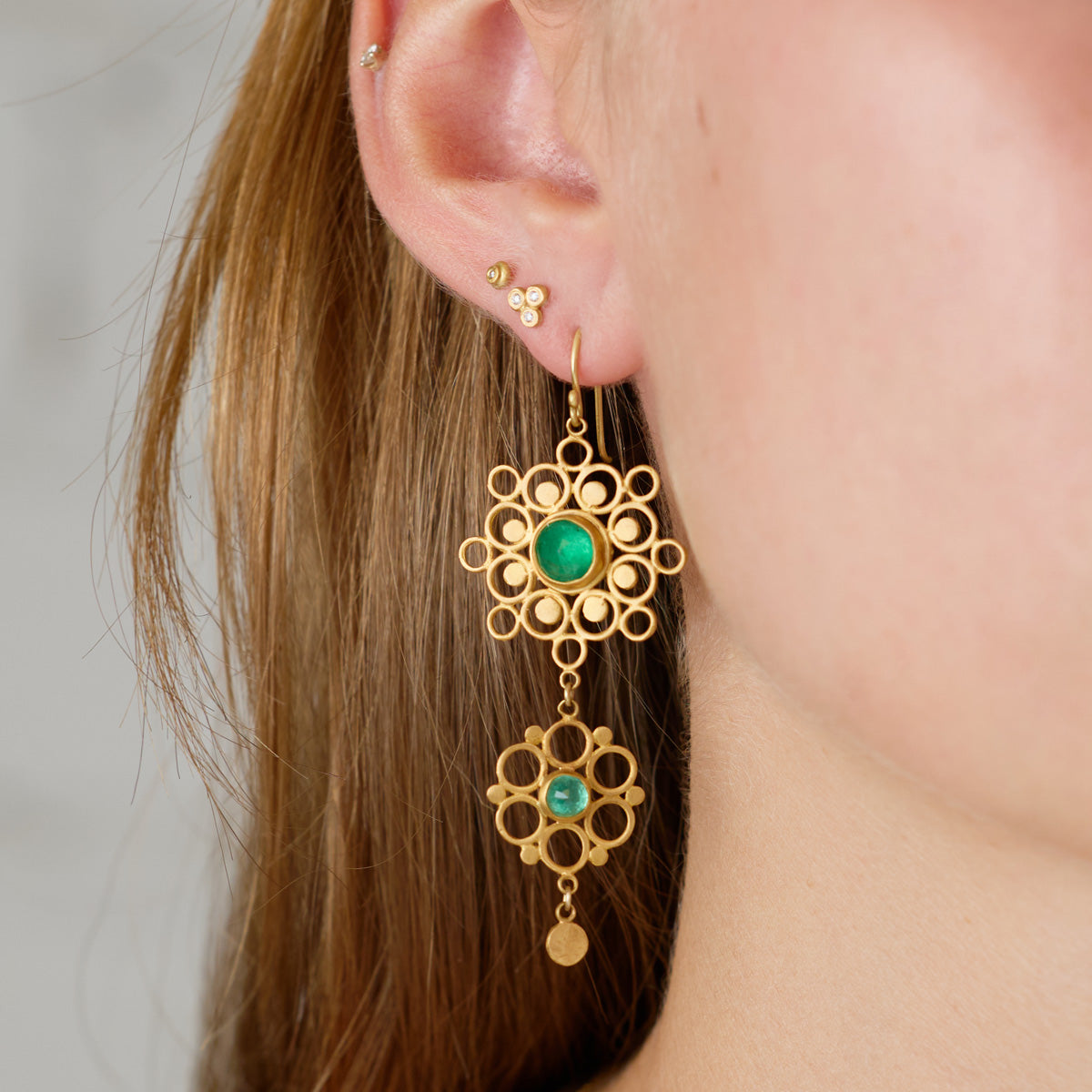 Double Mandala Earrings with Emeralds