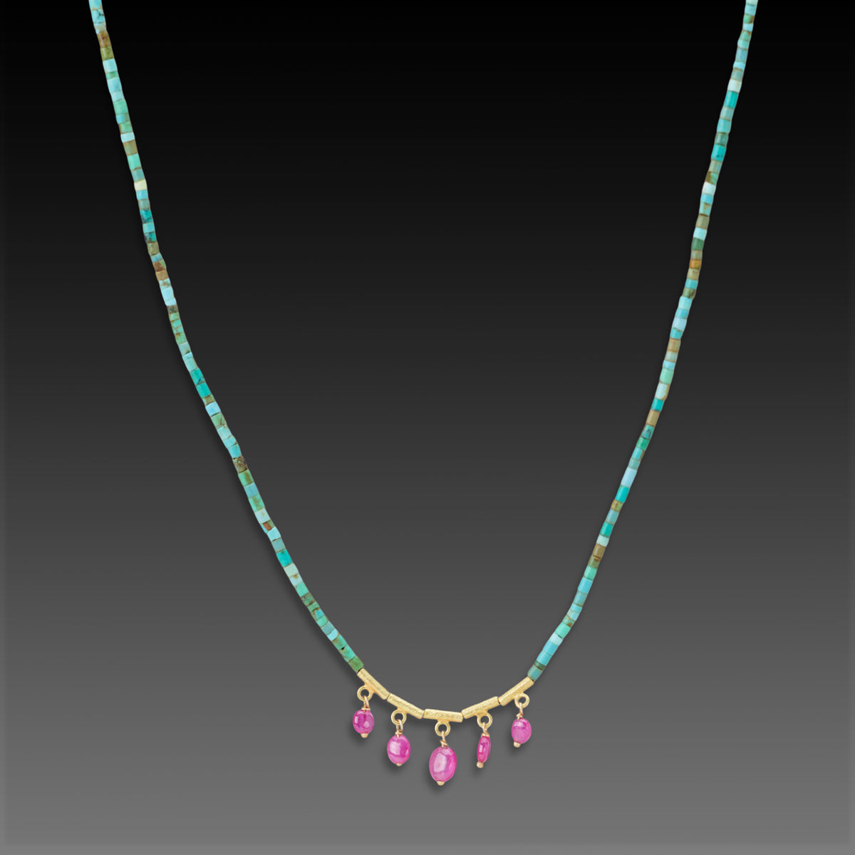 Turquoise Necklace with Five Ruby Drops