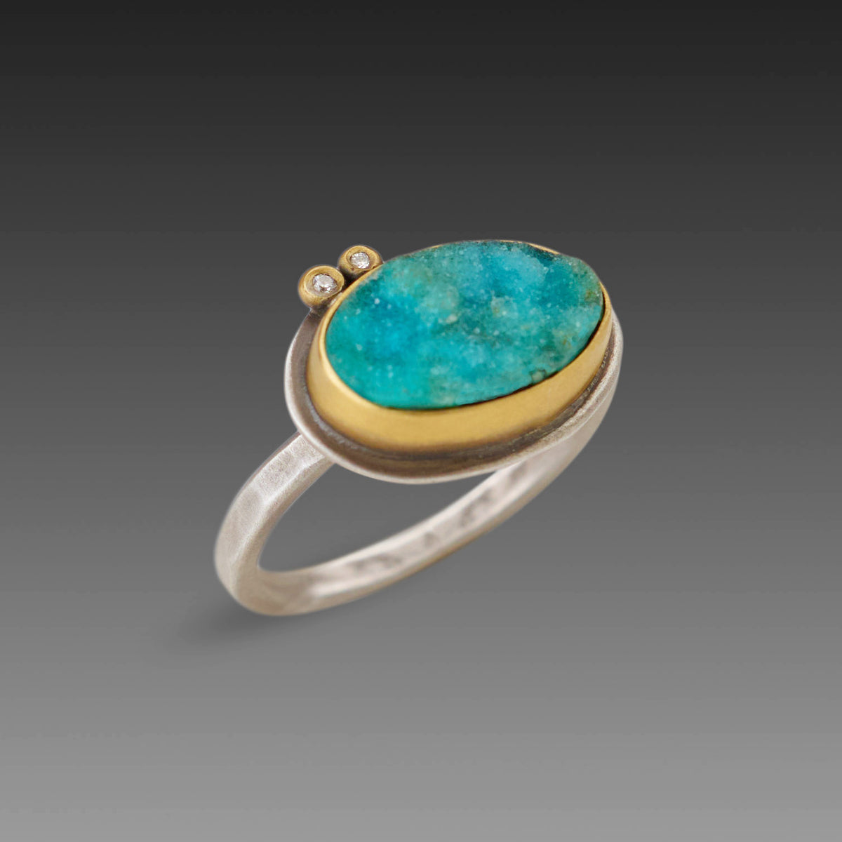 Chrysocolla Druzy Ring with Two Diamonds