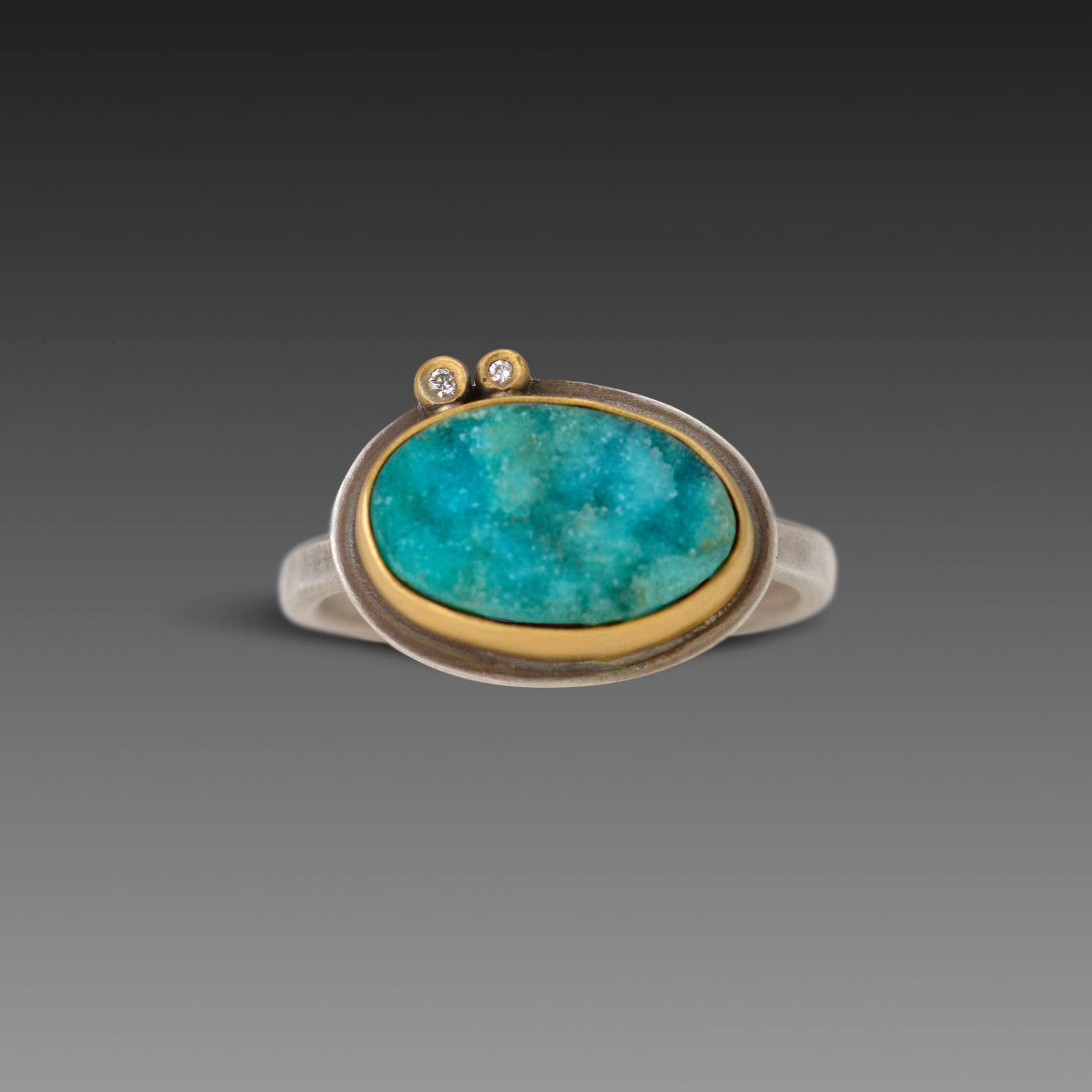 Chrysocolla Druzy Ring with Two Diamonds