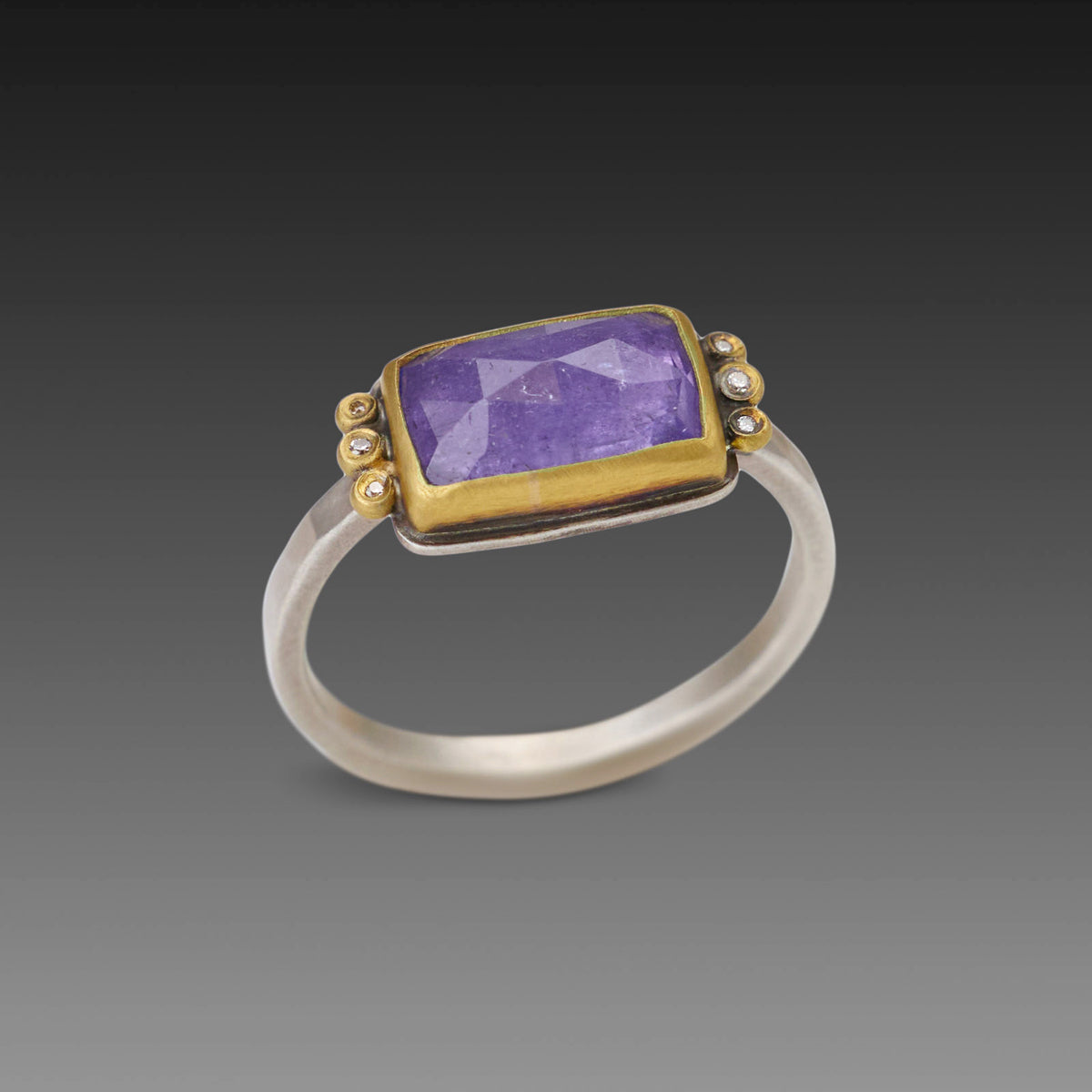 Rectangular Tanzanite Ring with Diamond Trios