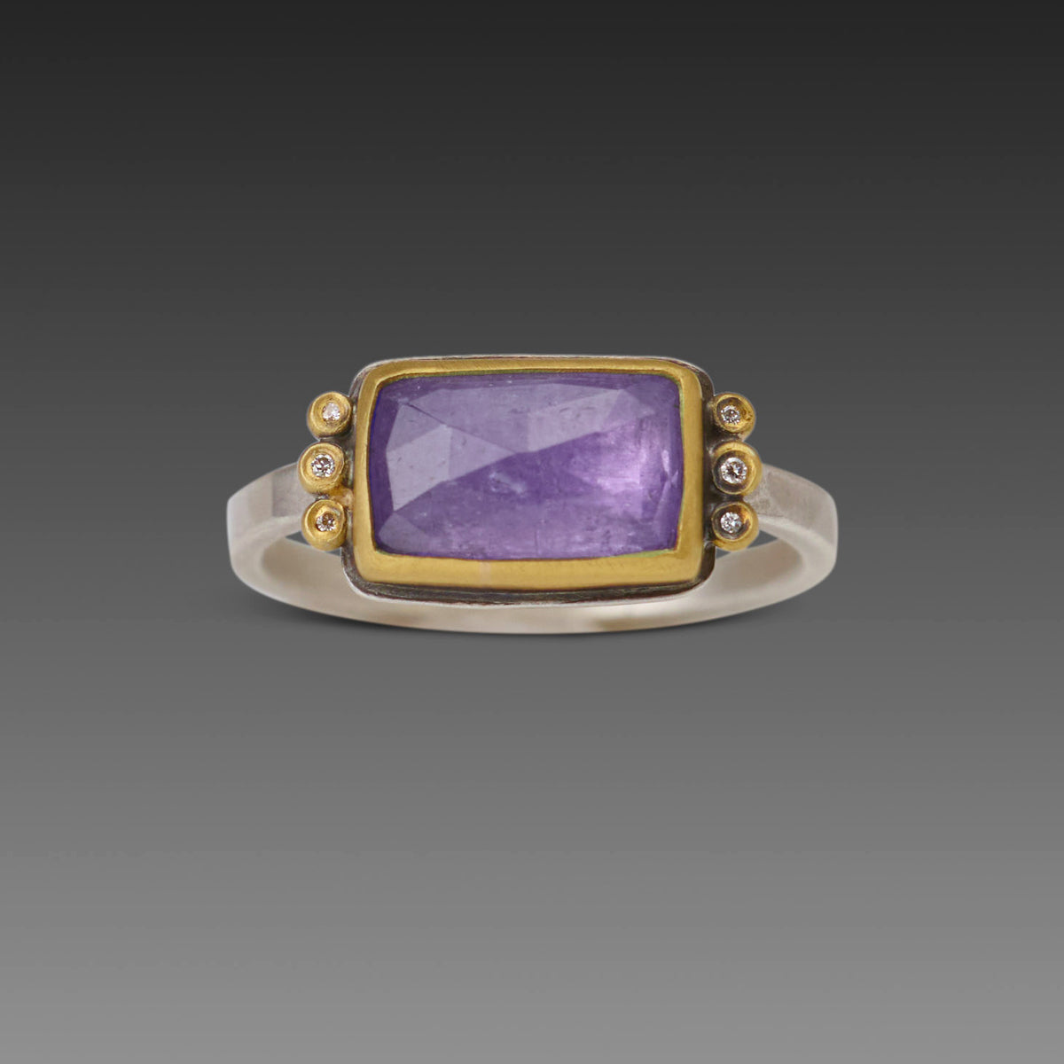 Rectangular Tanzanite Ring with Diamond Trios