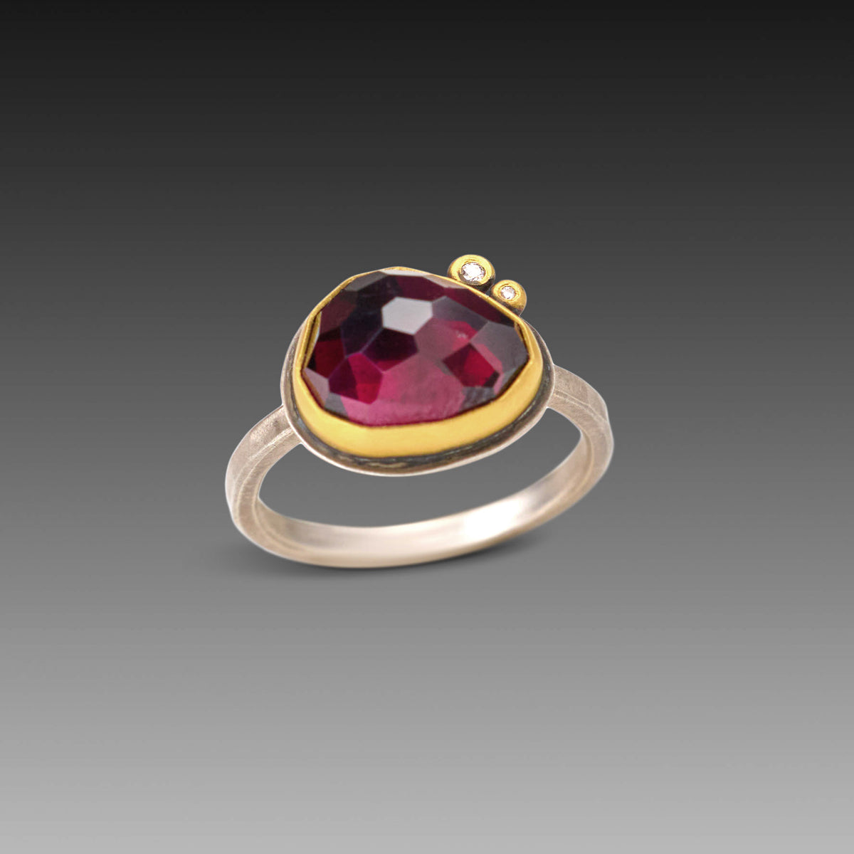 Rose Cut Rhodolite Garnet Ring with Diamonds