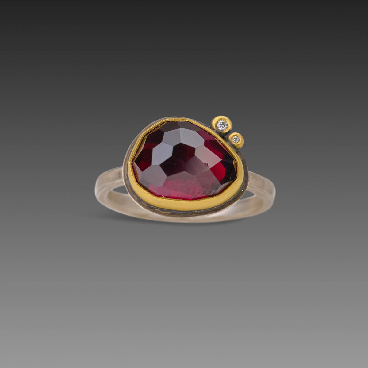 Rose Cut Rhodolite Garnet Ring with Diamonds