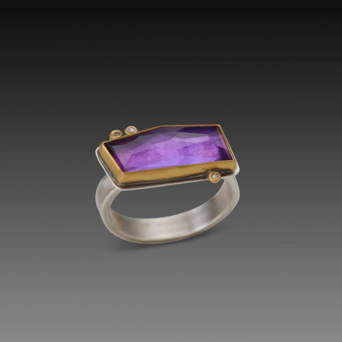 Geometric Amethyst Ring with Three Diamonds