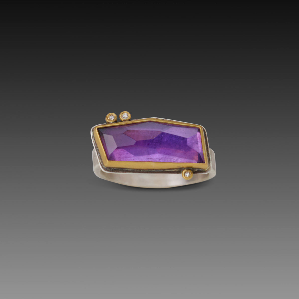 Geometric Amethyst Ring with Three Diamonds