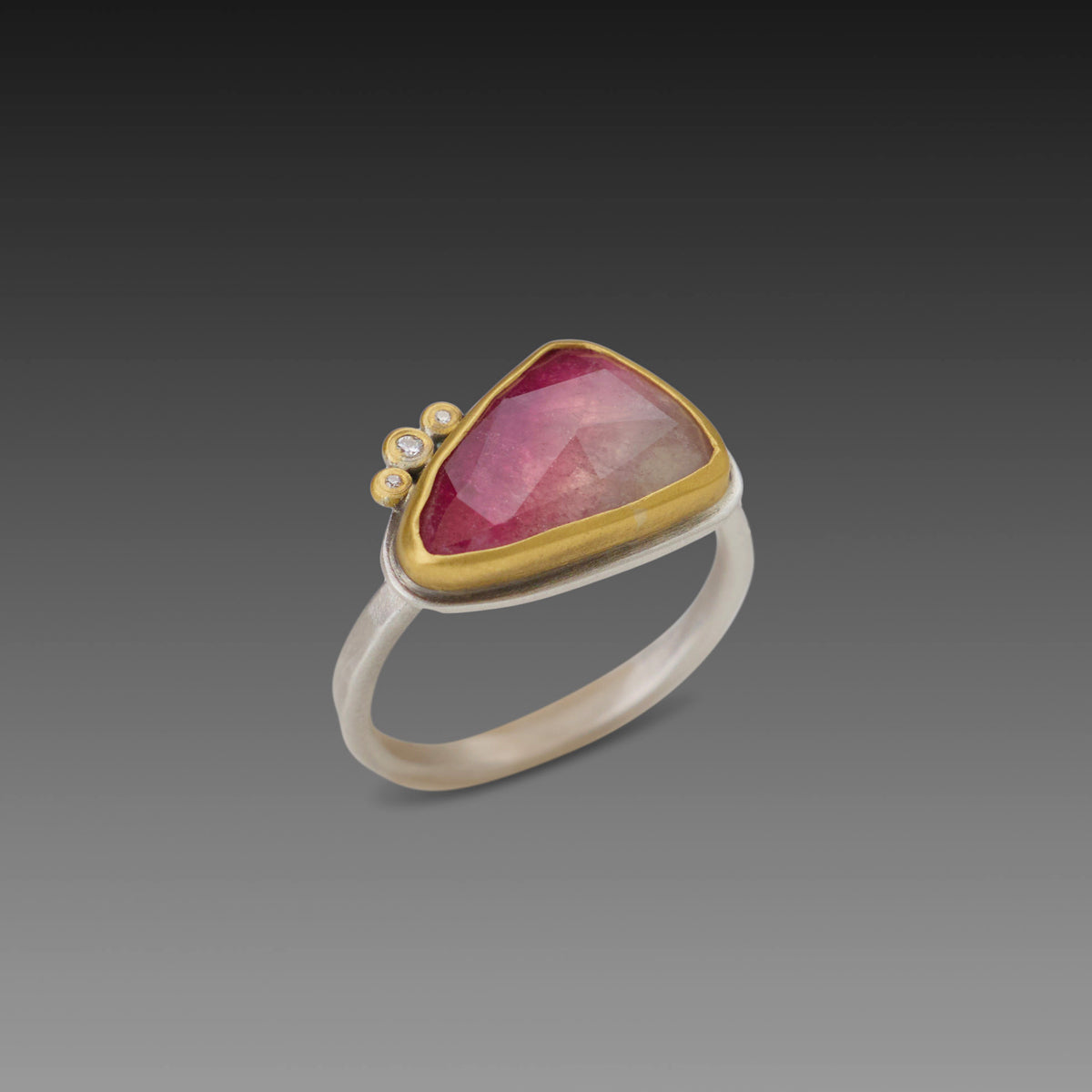 Ombre Pink Tourmaline Ring with Three Diamonds