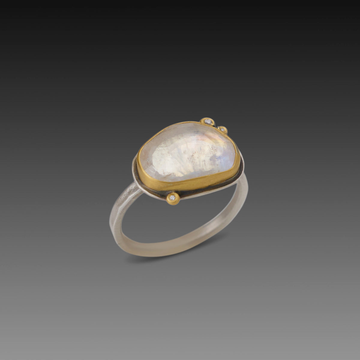 Glowing Rainbow Moonstone Ring with Diamonds