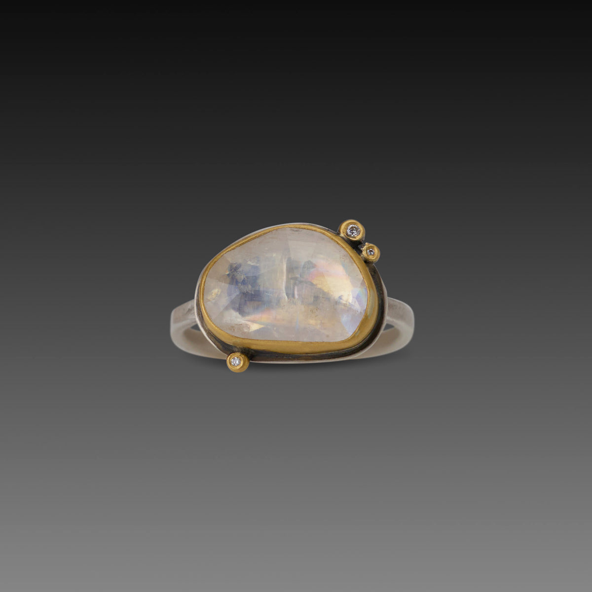 Glowing Rainbow Moonstone Ring with Diamonds