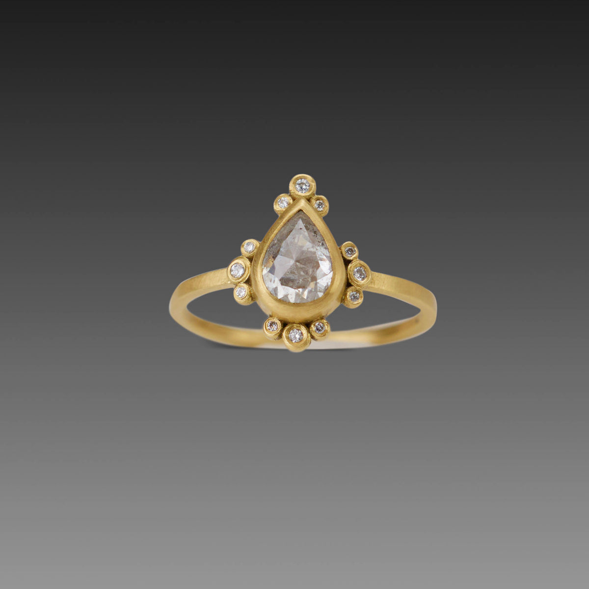 Teardrop Gray Diamond Ring with Diamond Trios