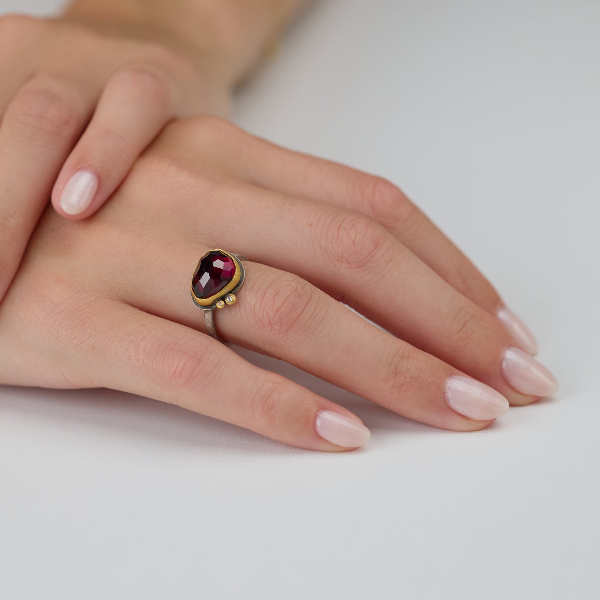 Rose Cut Rhodolite Garnet Ring with Diamonds