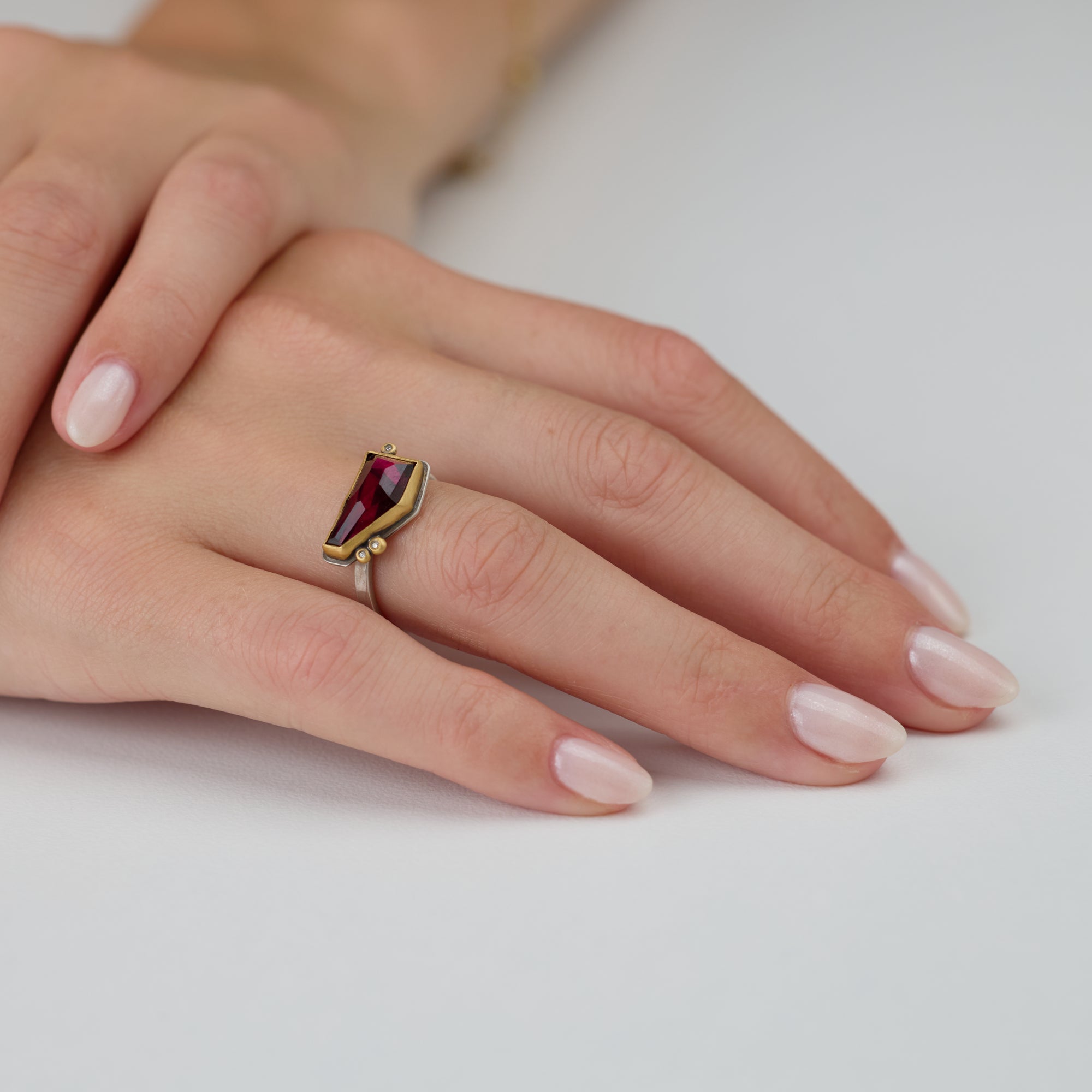 Geometric Rhodolite Garnet Ring