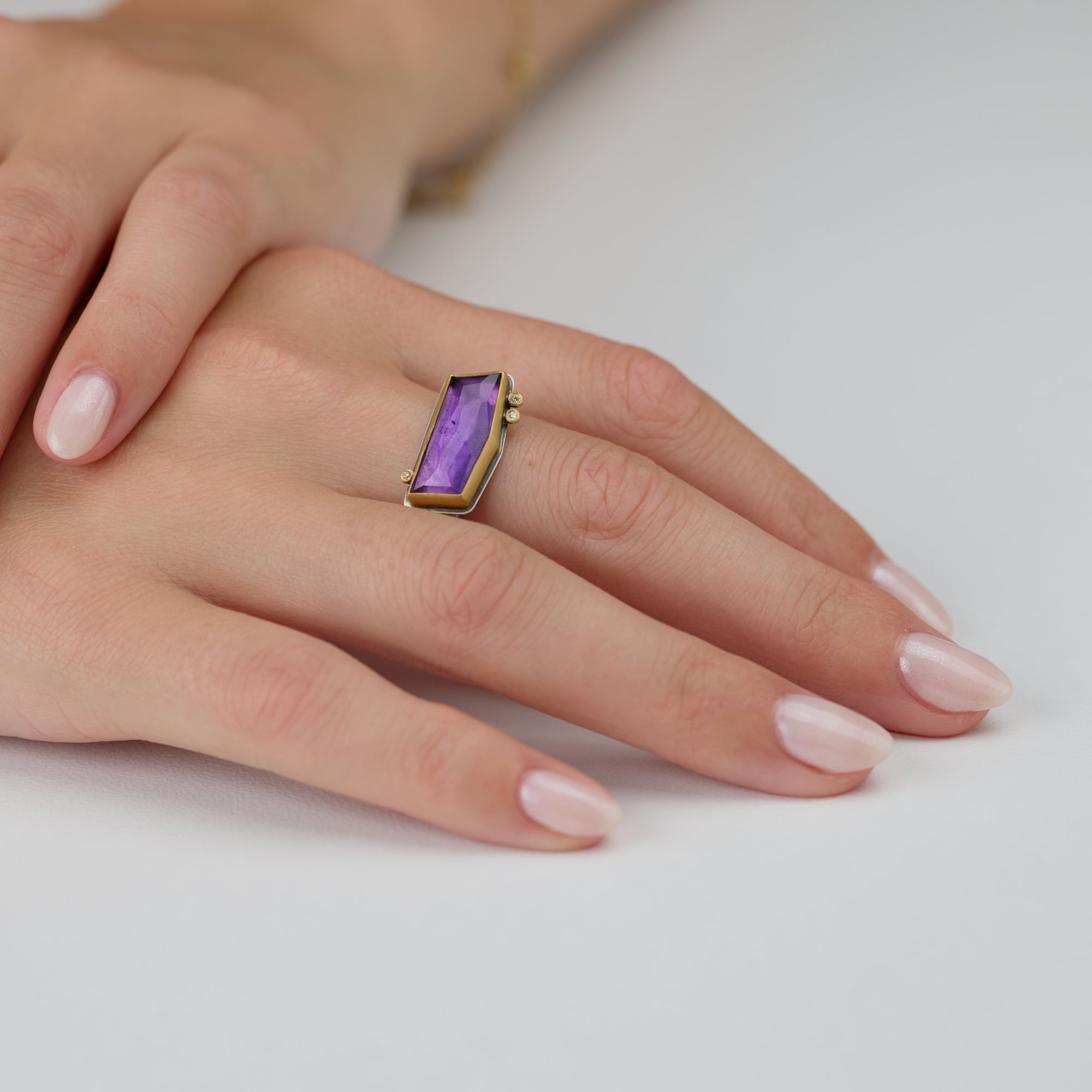 Geometric Amethyst Ring with Three Diamonds