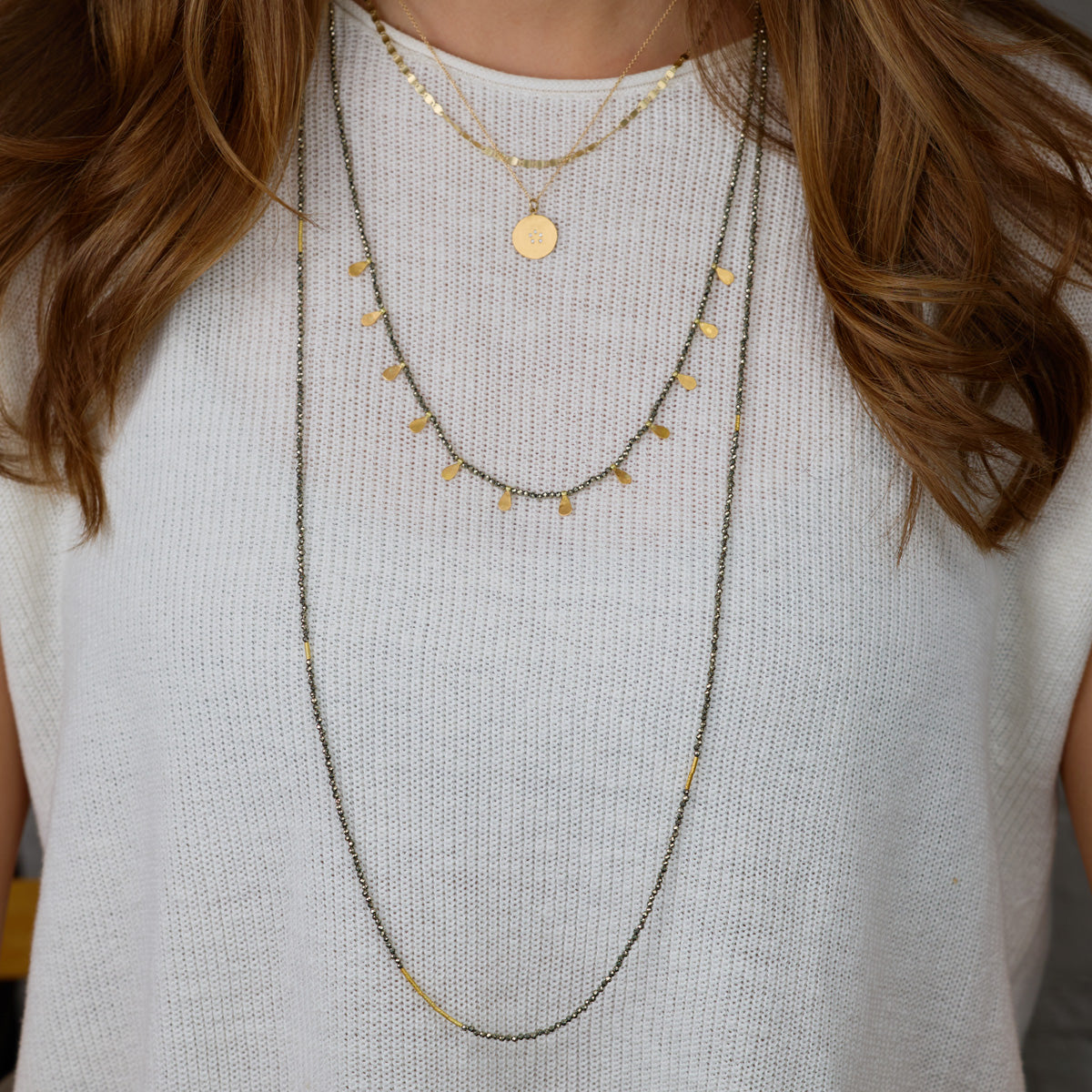 Long Pyrite Necklace with Gold Beads