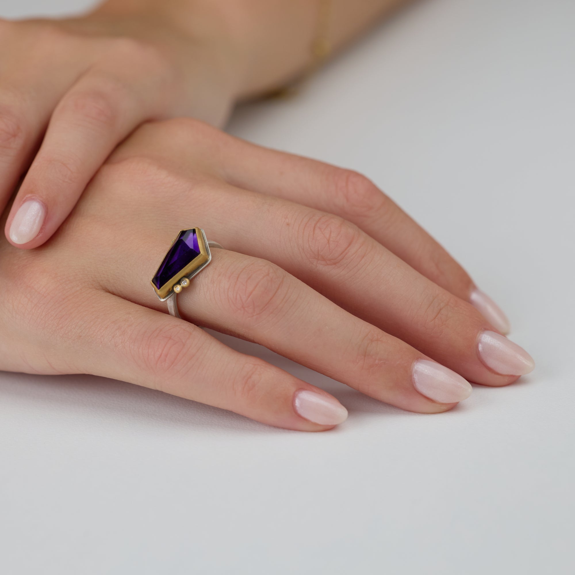 Geometric Amethyst Ring with Three Diamonds