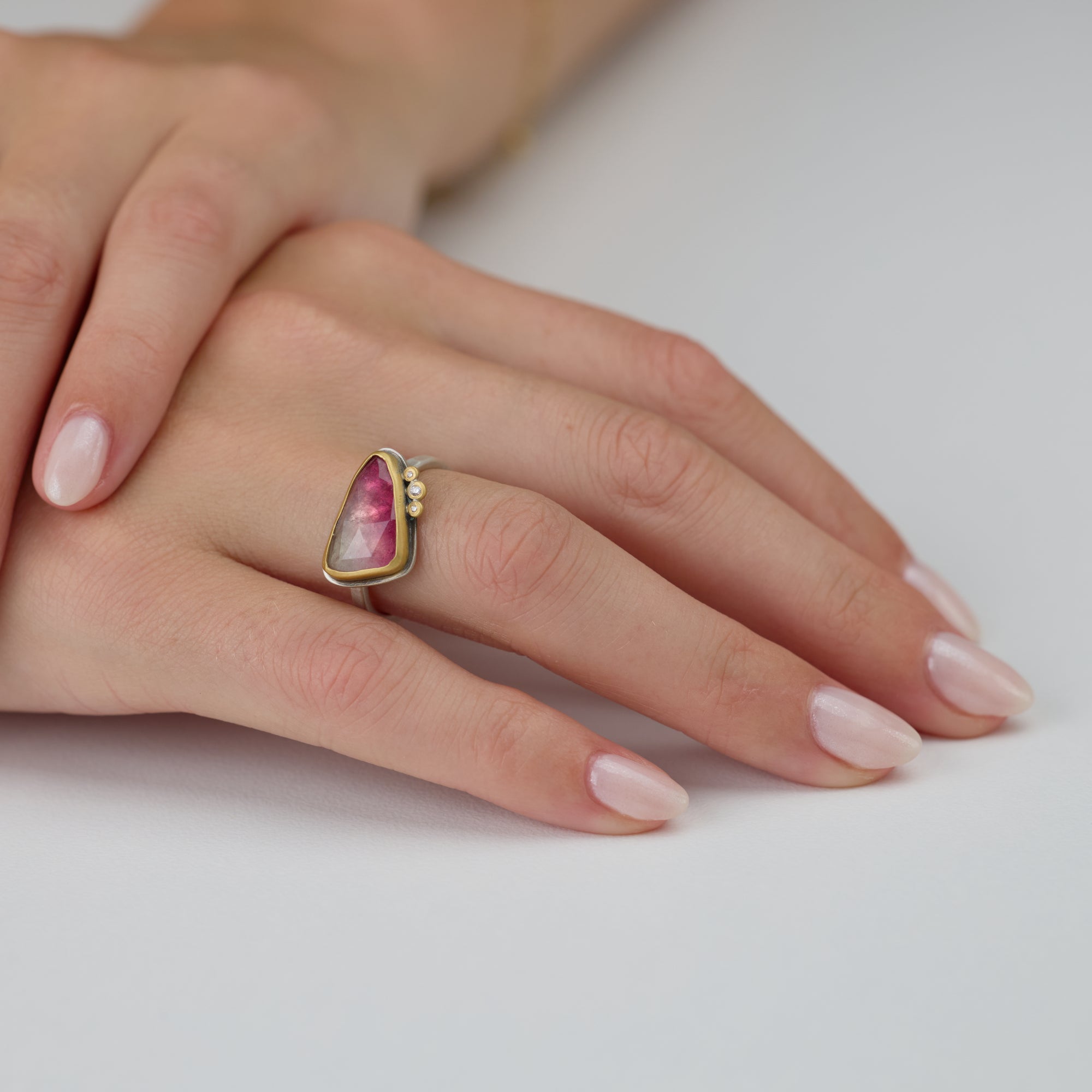 Ombre Pink Tourmaline Ring with Three Diamonds