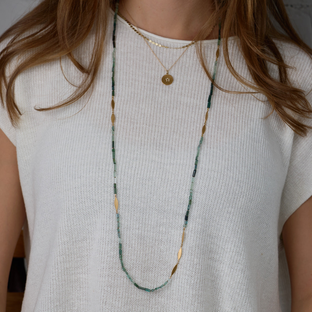 Long Ombre Tourmaline Necklace with 22k Leaves