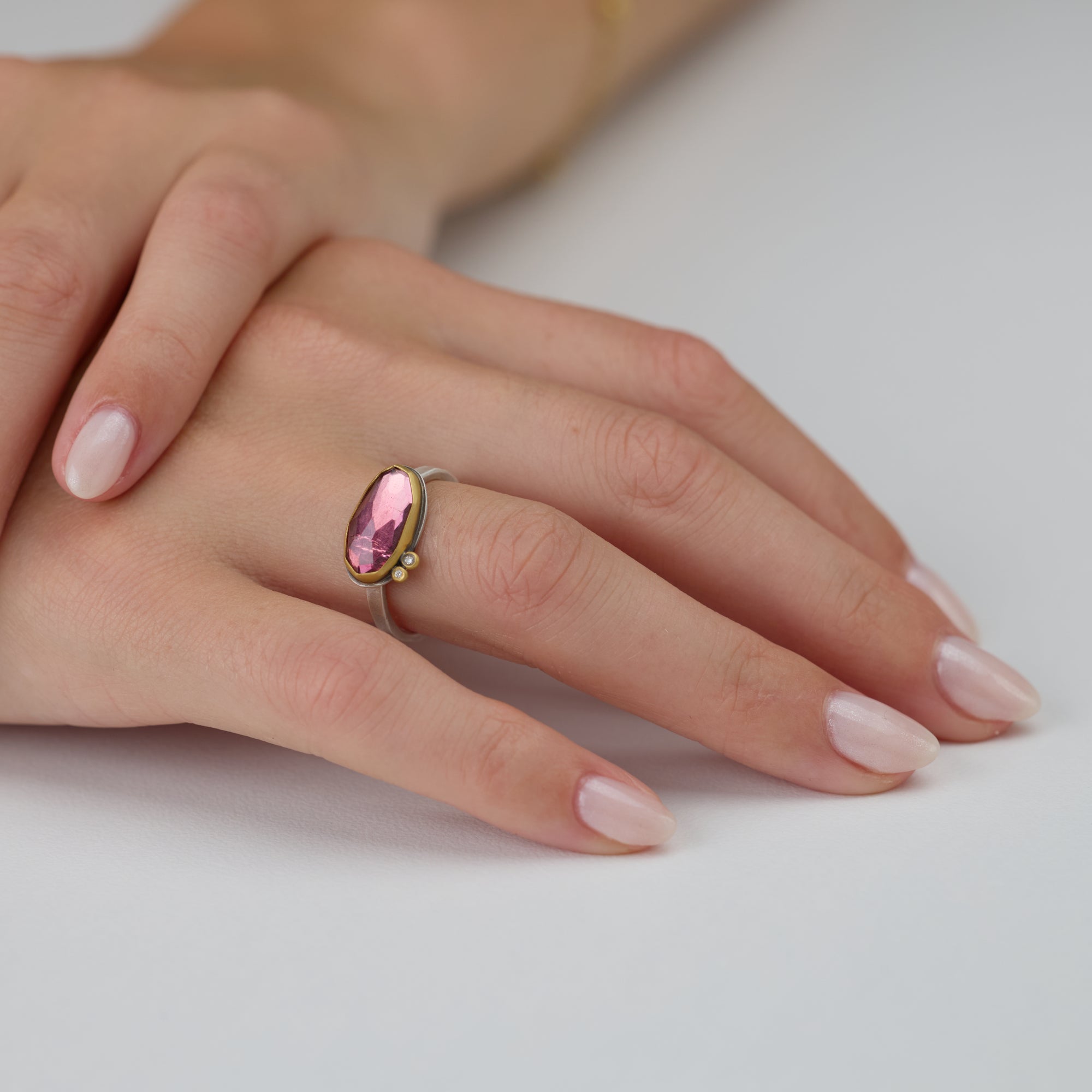 Rose Cut Pink Tourmaline Ring with Diamond Dots