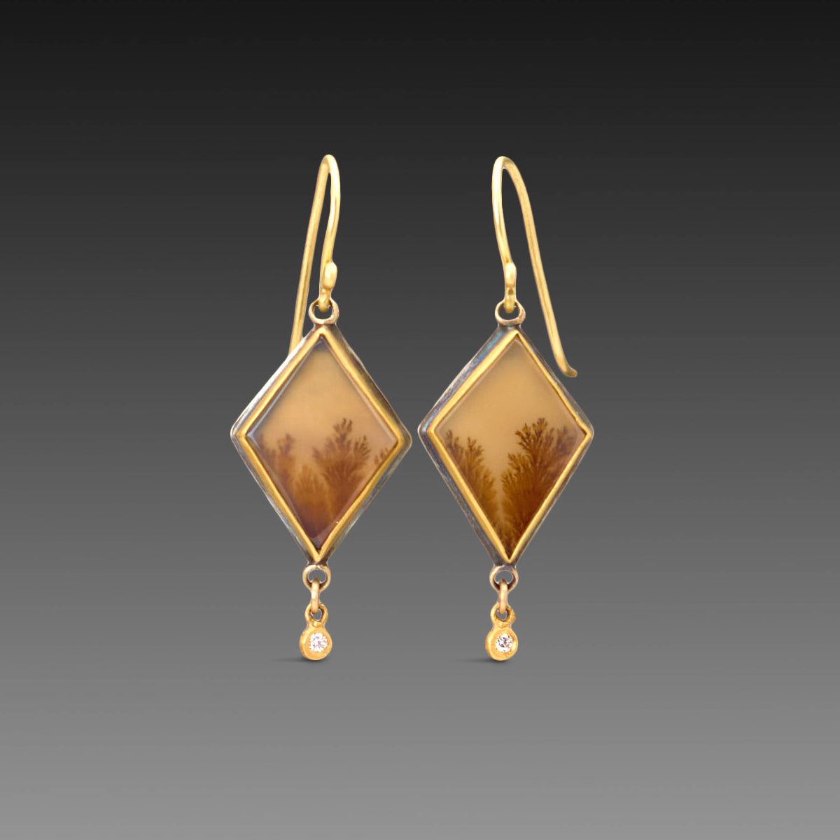 Dendritic Agate Earrings with Diamond Drops