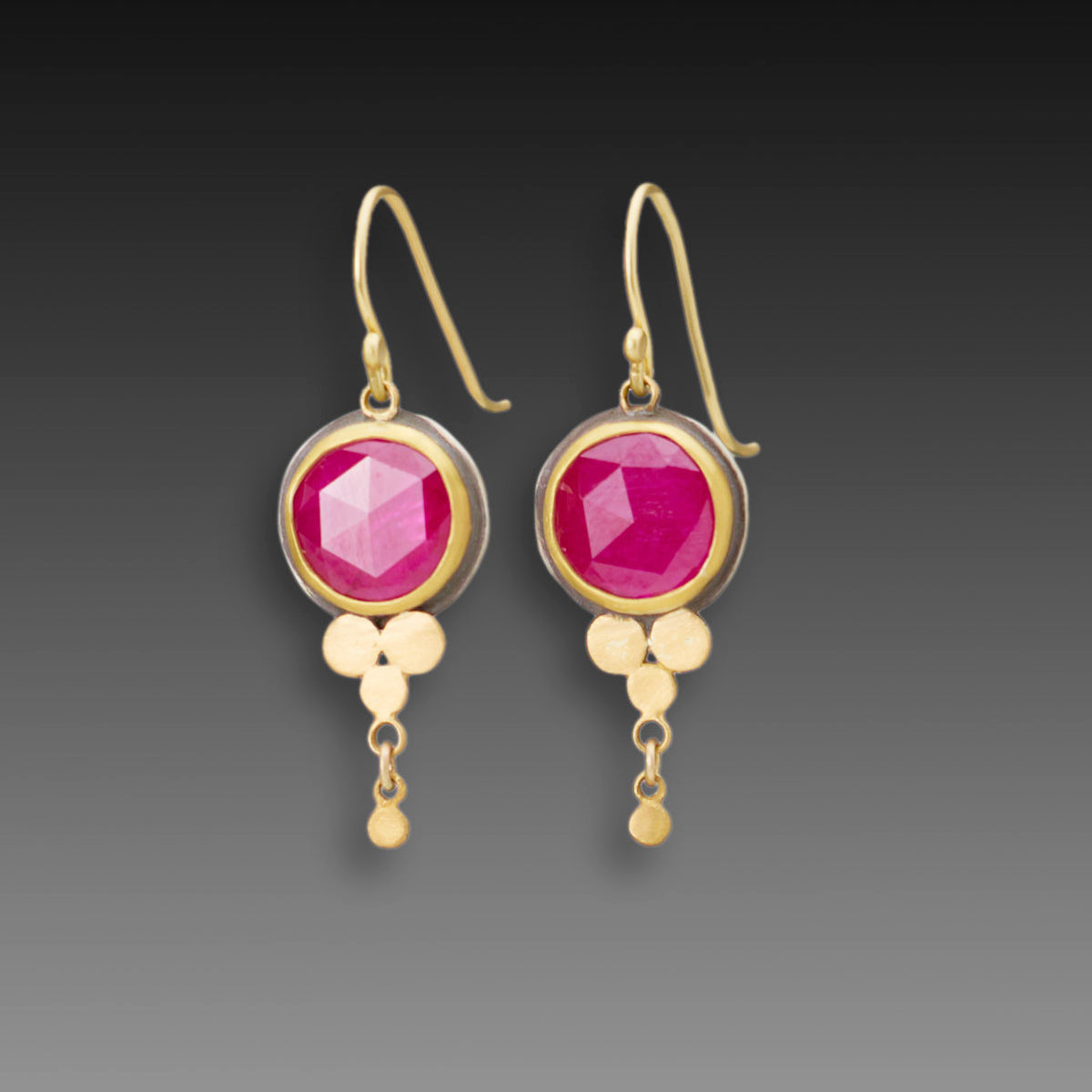 Round Ruby Earrings with Gold Trios