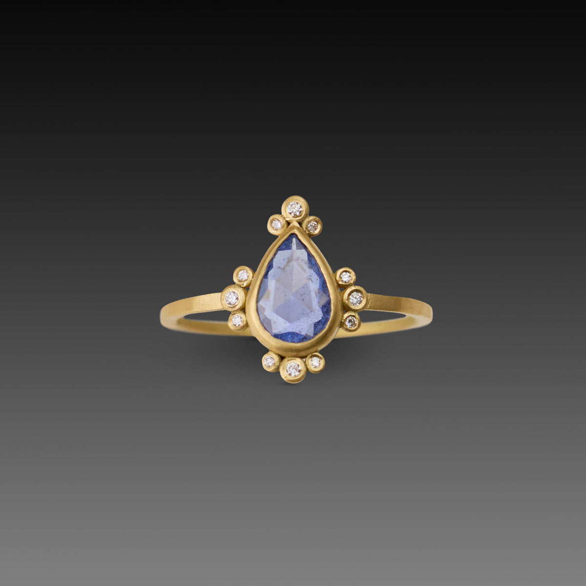 Blue Sapphire Teardrop Ring with Diamond Trios