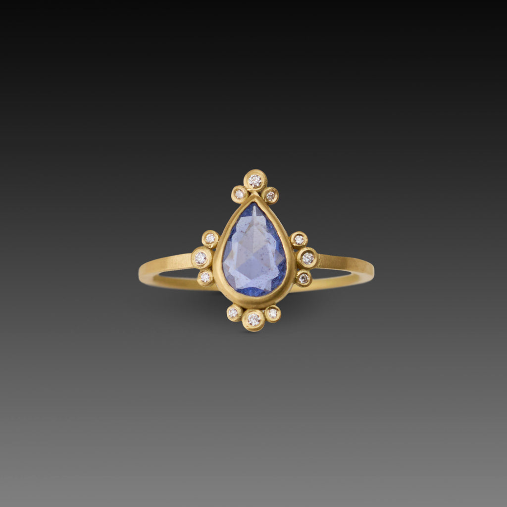Blue Sapphire Teardrop Ring with Diamond Trios - Ananda Khalsa