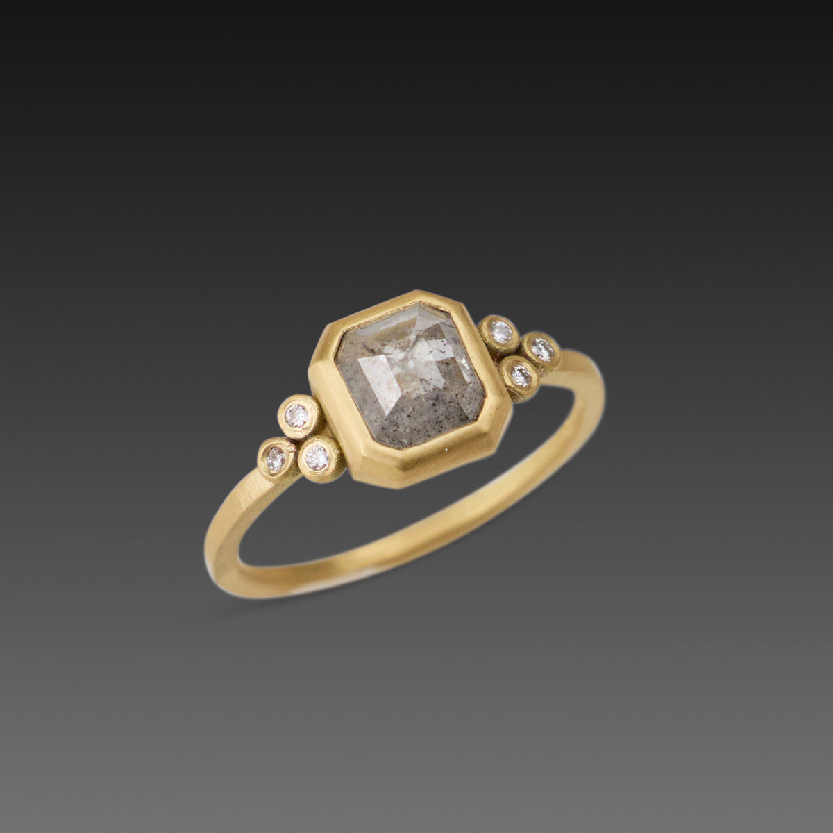 Square Gray Diamond Ring with Diamond Trios